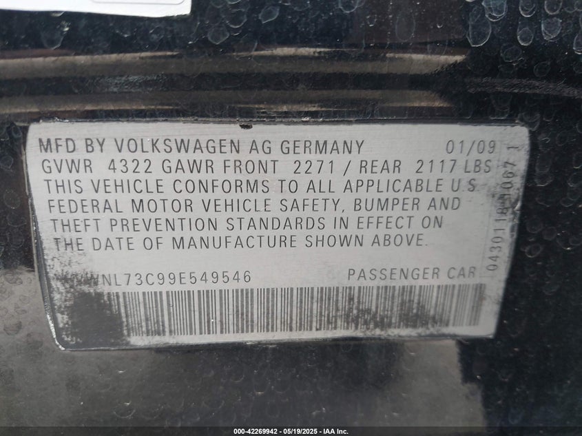 2009 VOLKSWAGEN CC VIN: WVWNL73C99E549546