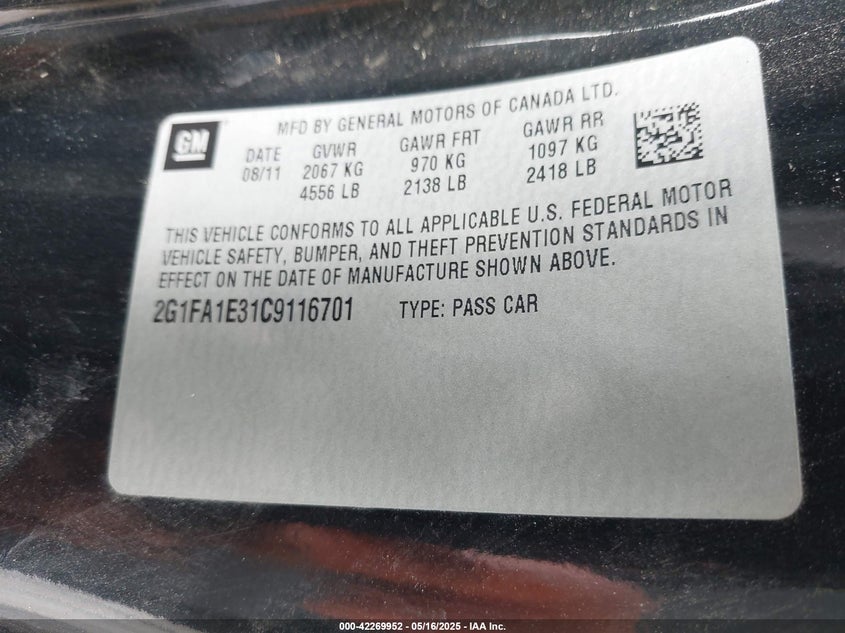 2012 CHEVROLET CAMARO VIN: 2G1FA1E31C9116701