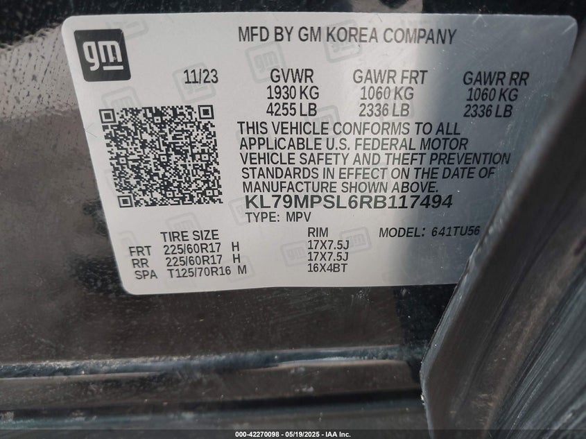 2024 CHEVROLET TRAILBLAZER VIN: KL79MPSL6RB117494
