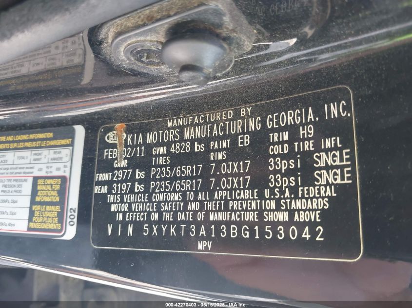 2011 Kia Sorento Lx VIN: 5XYKT3A13BG153042 Lot: 42270403