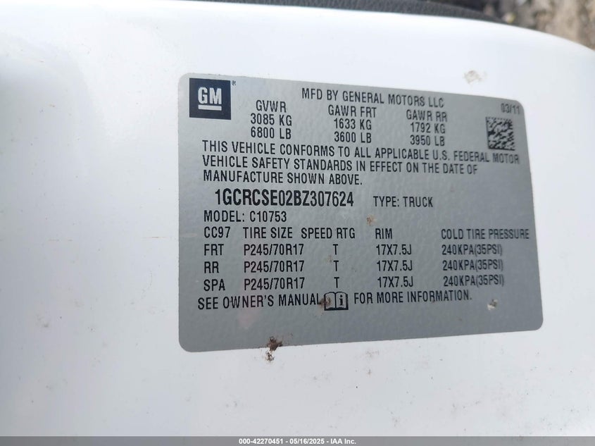2011 CHEVROLET SILVERADO 1500 VIN: 1GCRCSE02BZ307624