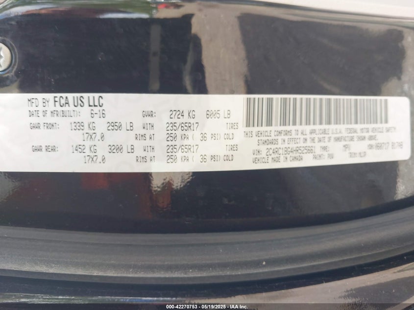 2017 CHRYSLER PACIFICA VIN: 2C4RC1BG4HR525661