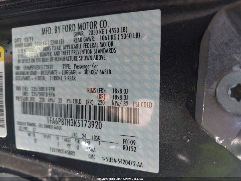 2019 Ford Mustang VIN: 1F86B8TH3K5173920 Lot: 42270813