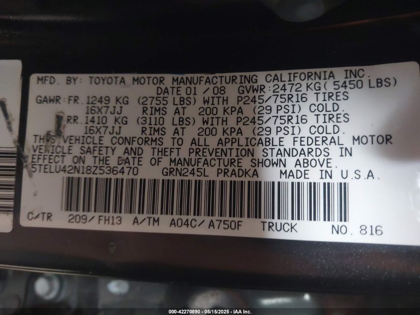 2008 Toyota Tacoma Base V6 VIN: 5TELU42N18Z536470 Lot: 42270890