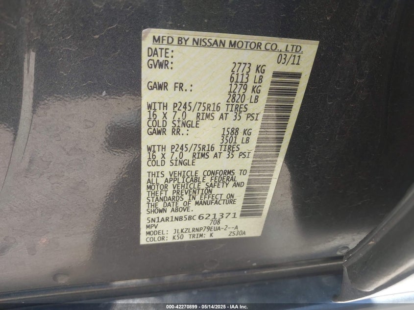 2011 NISSAN PATHFINDER VIN: 5N1AR1NB5BC621371