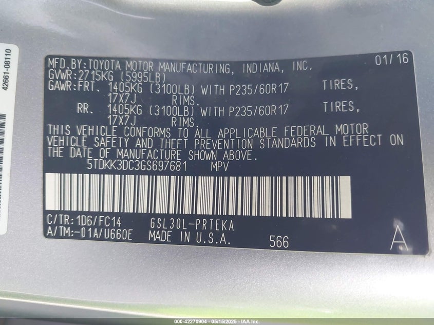 2016 TOYOTA SIENNA VIN: 5TDKK3DC3GS697681