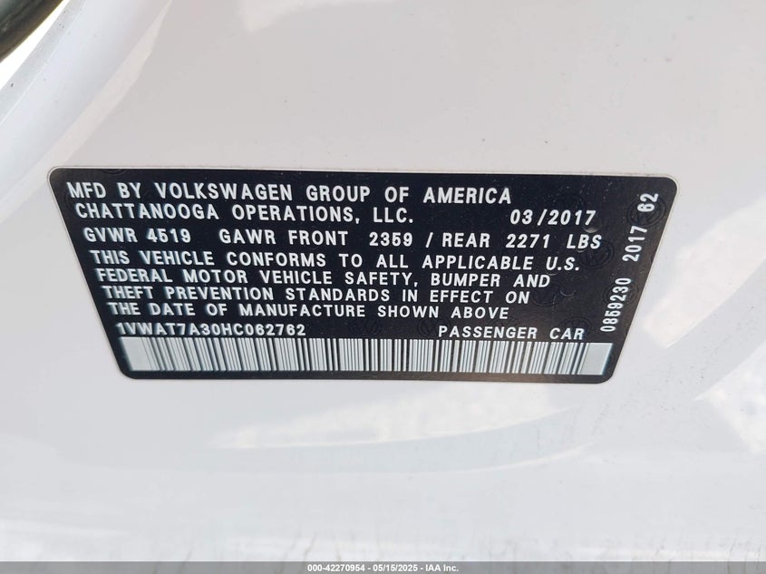 2017 VOLKSWAGEN PASSAT S - 1VWAT7A30HC062762