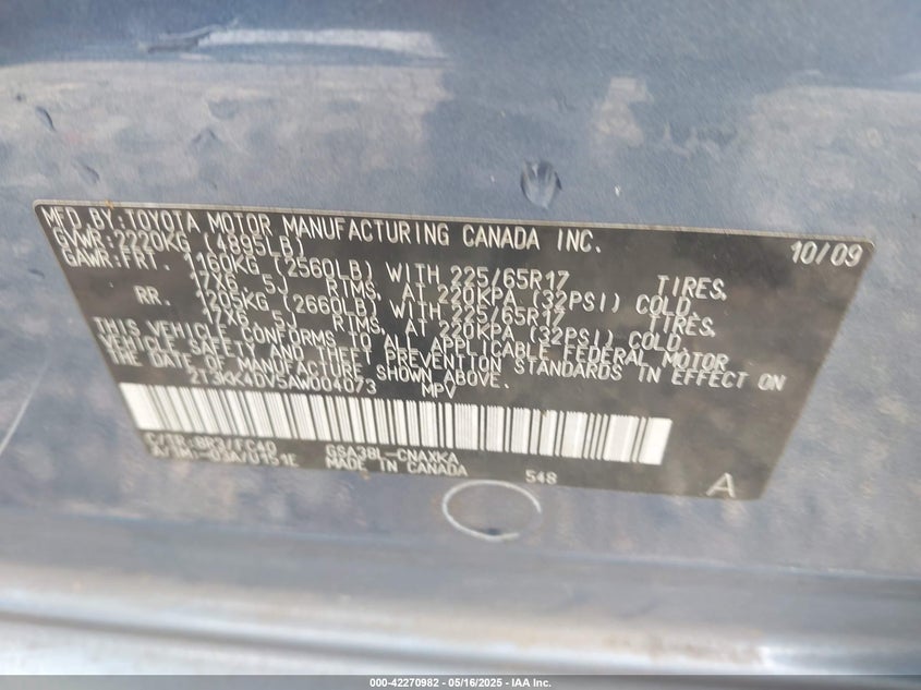 2010 TOYOTA RAV4 VIN: 2T3KK4DV5AW004073