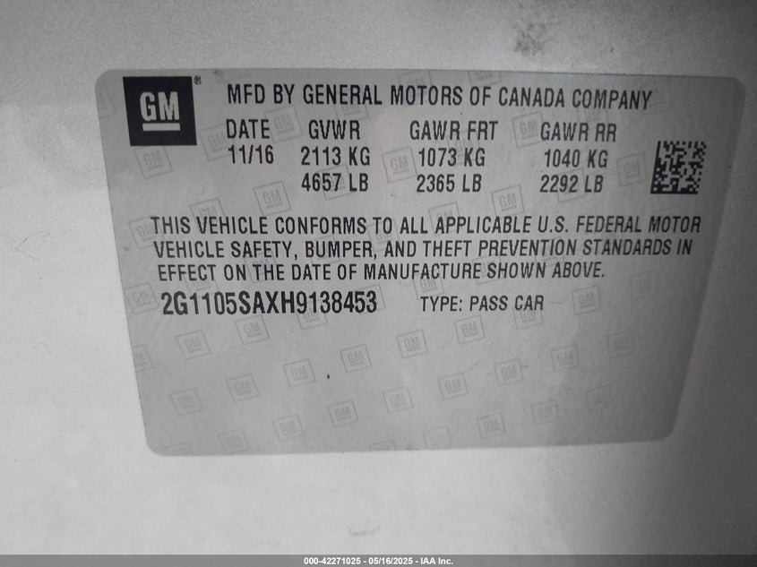 2017 CHEVROLET IMPALA VIN: 2G1105SAXH9138453
