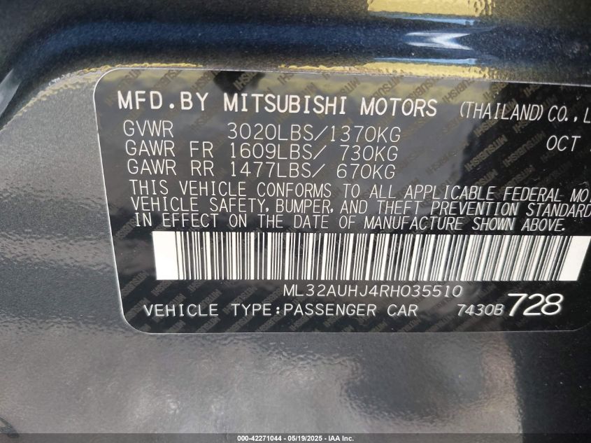 2024 Mitsubishi Mirage Es/Le VIN: ML32AUHJ4RH035510 Lot: 42271044