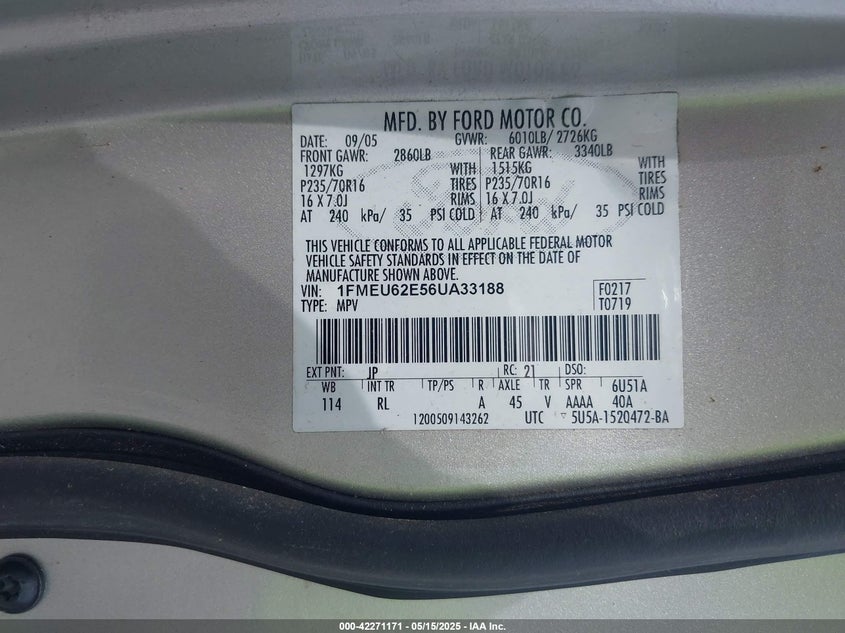 2006 FORD EXPLORER VIN: 1FMEU62E56UA33188