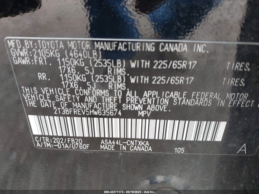 2017 TOYOTA RAV4 VIN: 2T3BFREV5HW635674