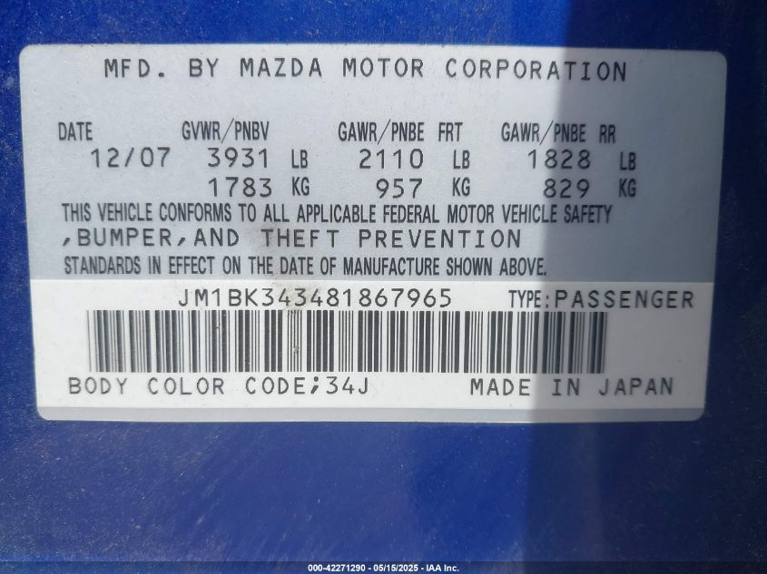 2008 Mazda Mazda3 S Sport VIN: JM1BK343481867965 Lot: 42271290