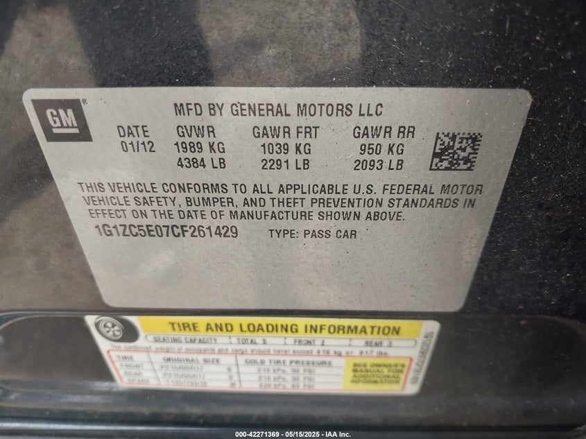 2012 Chevrolet Malibu 1Lt VIN: 1G1ZC5E07CF261429 Lot: 42271369