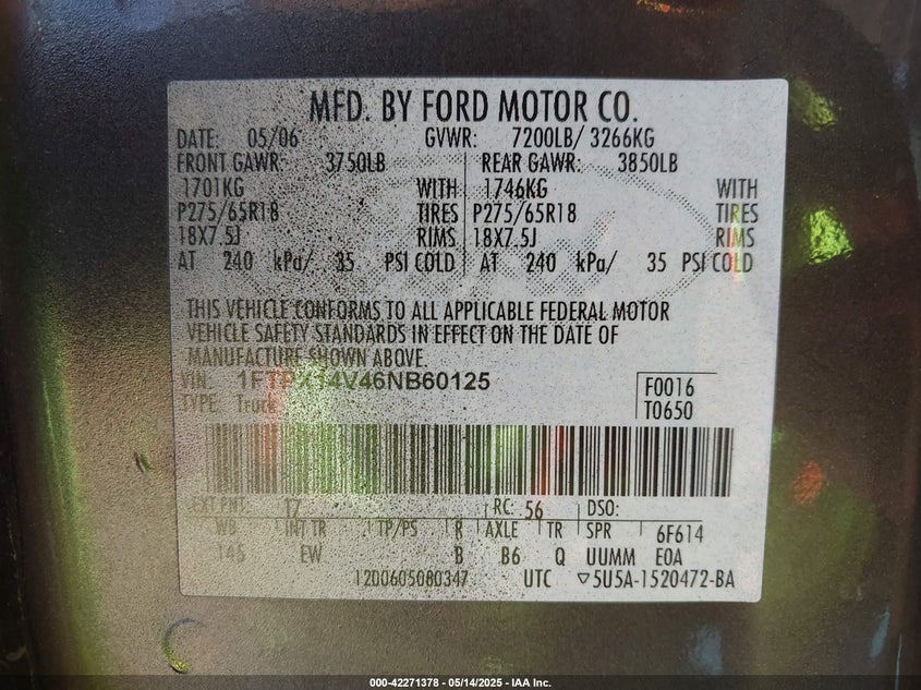 2006 FORD F-150 VIN: 1FTPX14V46NB60125