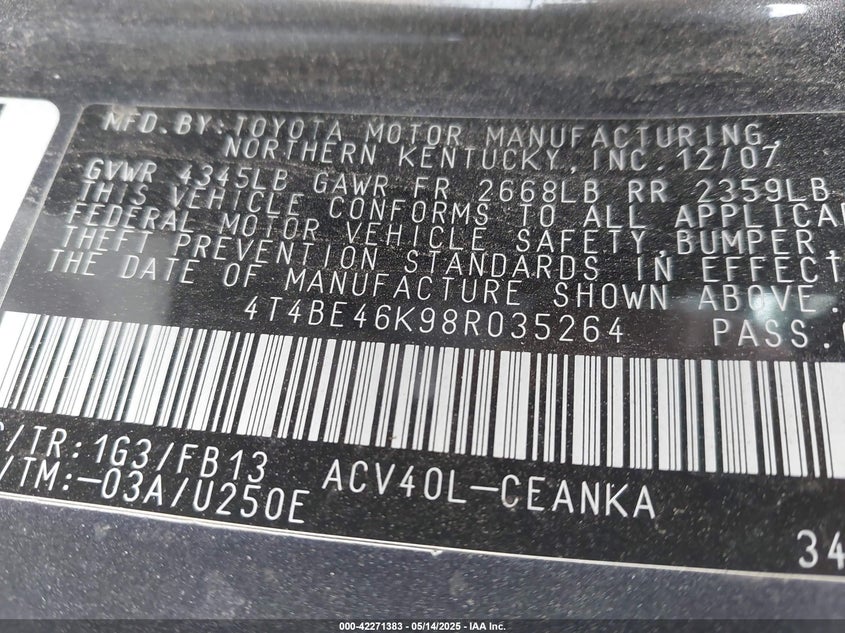 2008 TOYOTA CAMRY VIN: 4T4BE46K98R035264