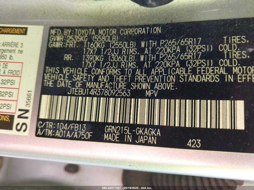 2007 TOYOTA 4RUNNER VIN: JTEBU14R378092563