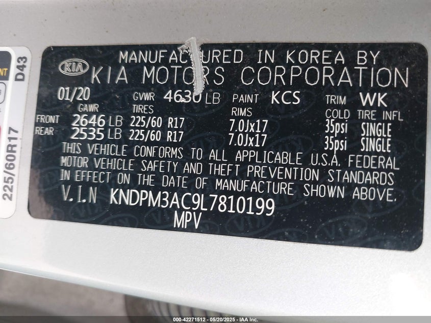 2020 KIA SPORTAGE VIN: KNDPM3AC9L7810199