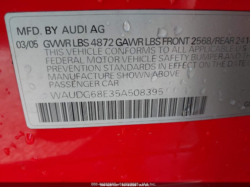 2005 Audi A4 3.2 VIN: WAUDG68E35A508395 Lot: 42271597