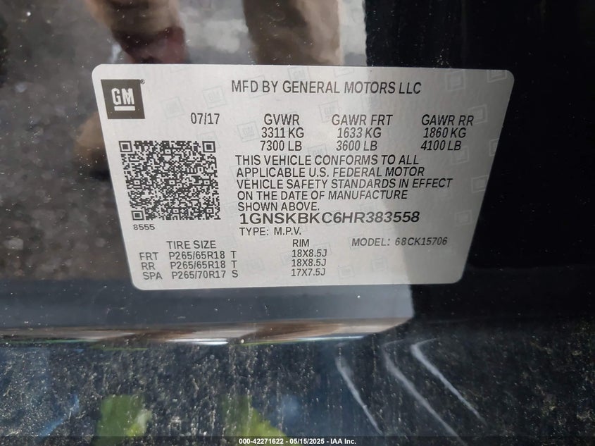 2017 CHEVROLET TAHOE LT - 1GNSKBKC6HR383558