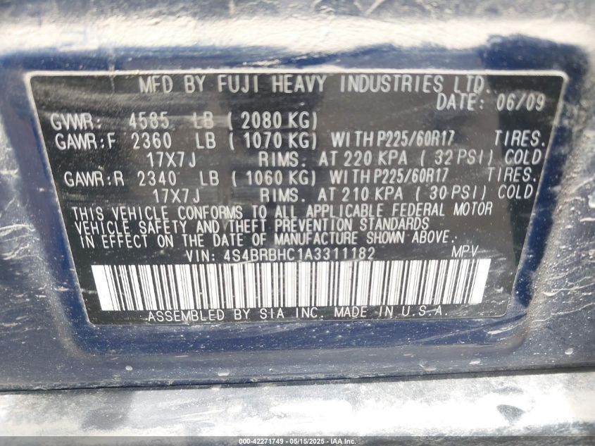 2010 Subaru Outback 2.5I Premium VIN: 4S4BRBHC1A3311182 Lot: 42271749