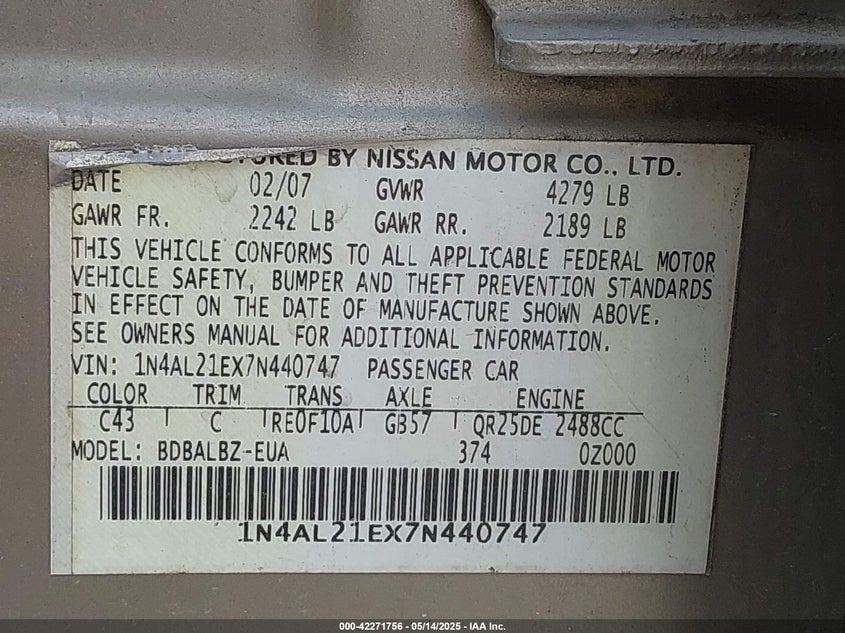 2007 NISSAN ALTIMA VIN: 1N4AL21EX7N440747