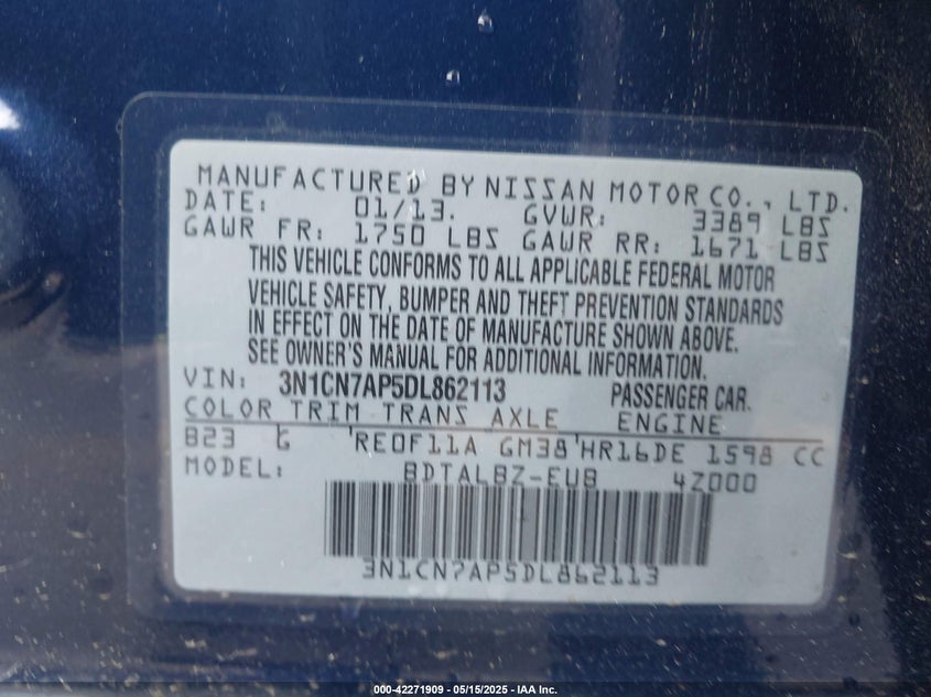 2013 NISSAN VERSA VIN: 3N1CN7AP5DL862113
