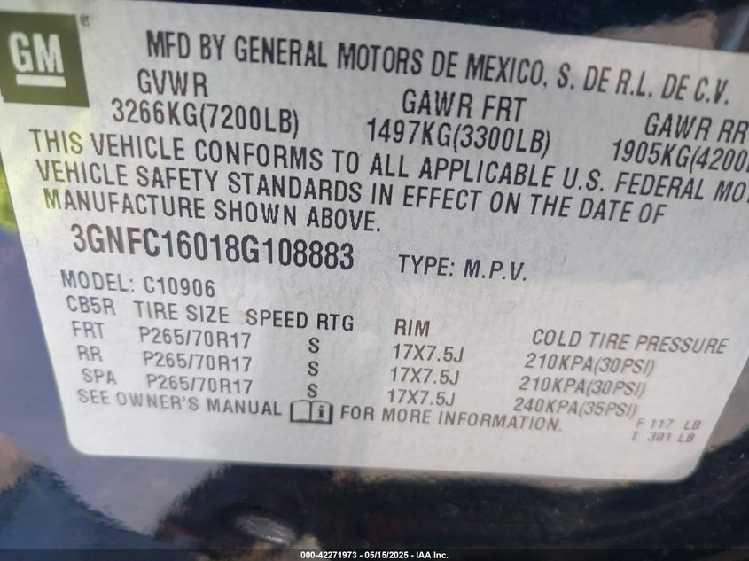 2008 CHEVROLET SUBURBAN VIN: 3GNFC16018G108883