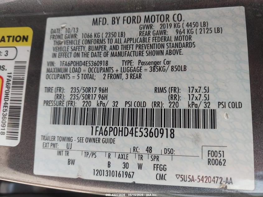 2014 FORD FUSION VIN: 1FA6P0HD4E5360918