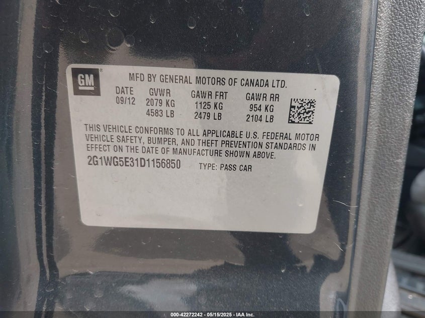 2013 CHEVROLET IMPALA VIN: 2G1WG5E31D1156850