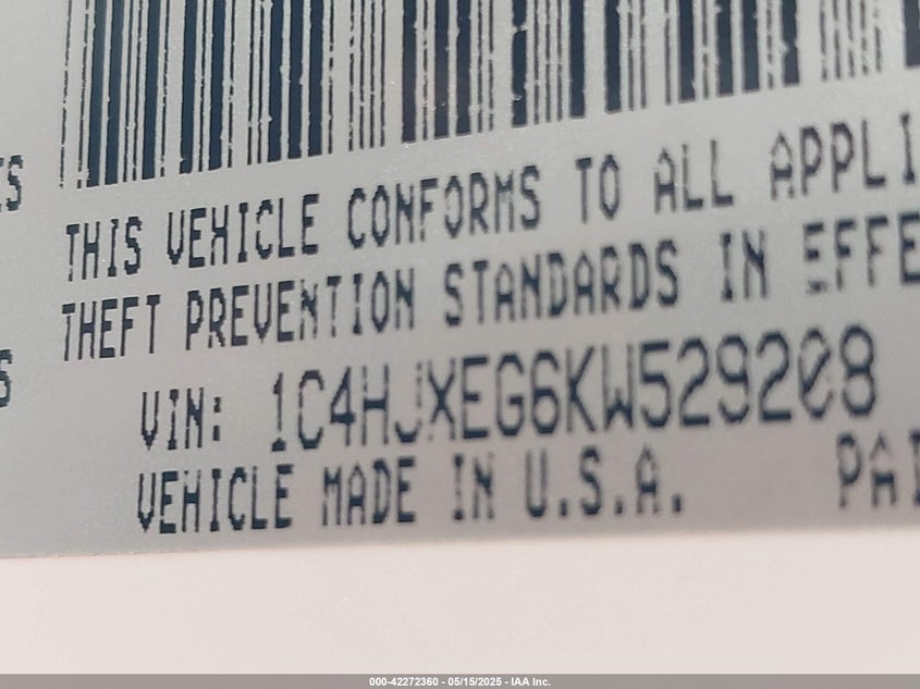 2019 JEEP WRANGLER UNLIMITED VIN: 1C4HJXEG6KW529208