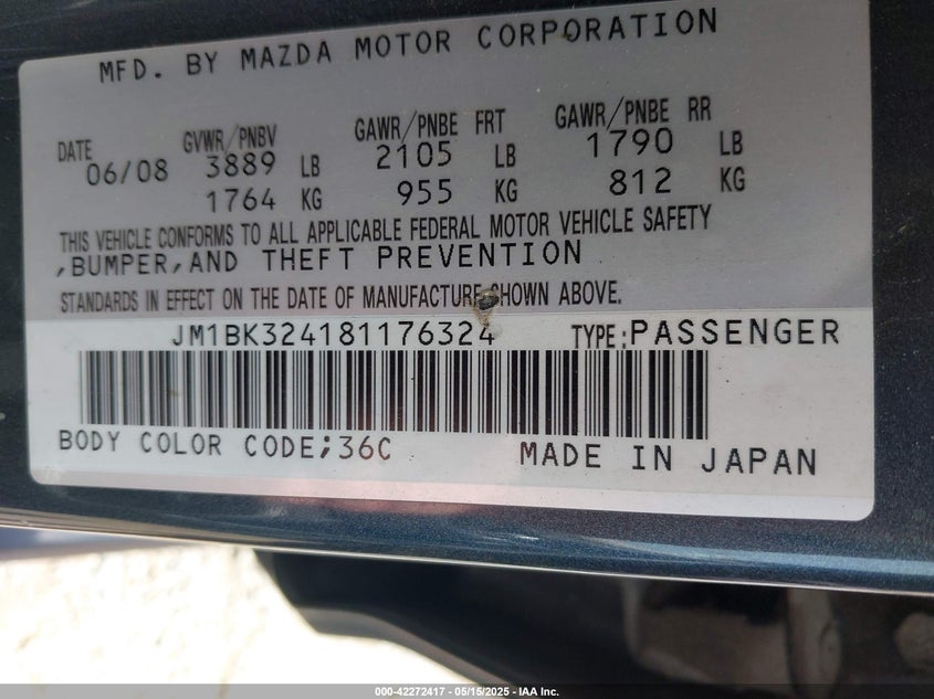 2008 MAZDA MAZDA3 VIN: JM1BK324181176324