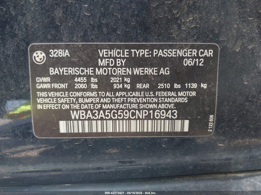2012 BMW 328I VIN: WBA3A5G59CNP16943