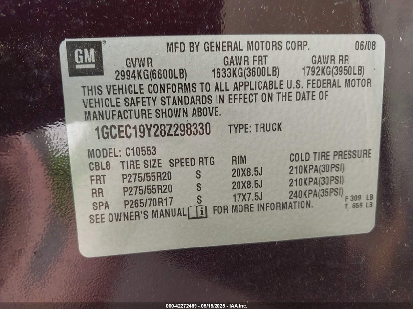 2008 CHEVROLET SILVERADO 1500 VIN: 1GCEC19Y28Z298330