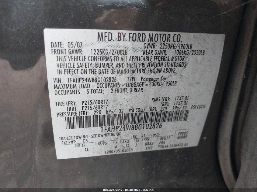 2008 Ford Taurus Sel VIN: 1FAHP24W88G102826 Lot: 42272517