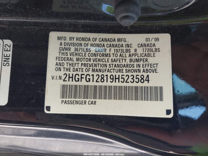 2009 Honda Civic Ex VIN: 2HGFG12819H523584 Lot: 42272556
