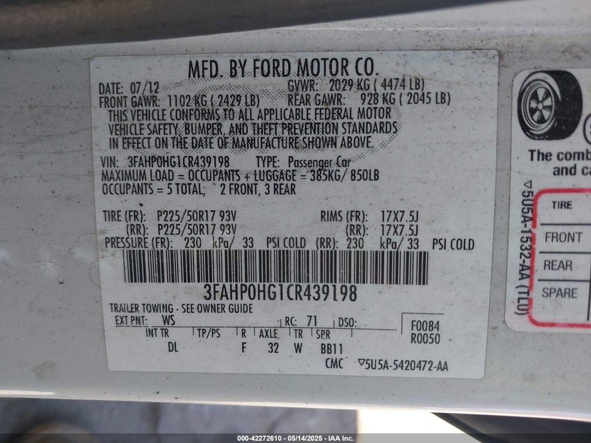 2012 FORD FUSION VIN: 3FAHP0HG1CR439198