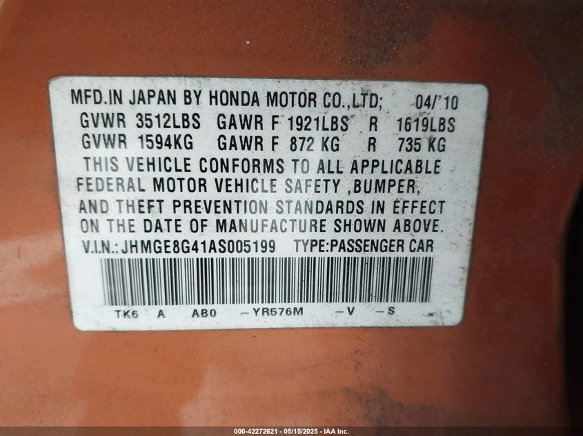 2010 HONDA FIT VIN: JHMGE8G41AS005199