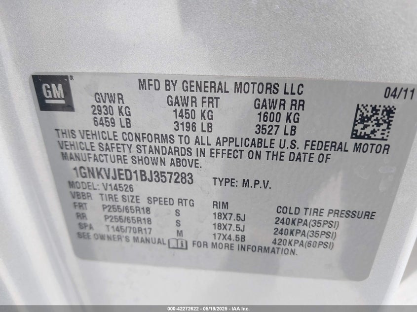 2011 CHEVROLET TRAVERSE VIN: 1GNKVJED1BJ357283