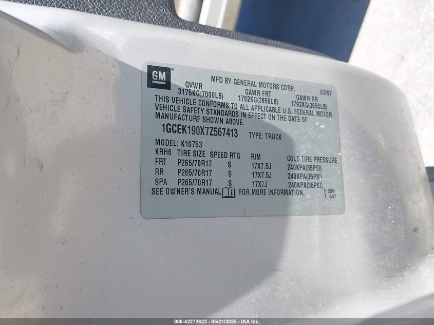 2007 CHEVROLET SILVERADO 1500 VIN: 1GCEK190X7Z567413