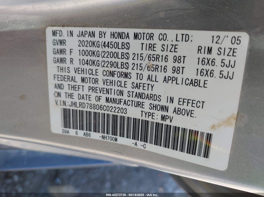 2006 HONDA CR-V VIN: JHLRD78806C022203