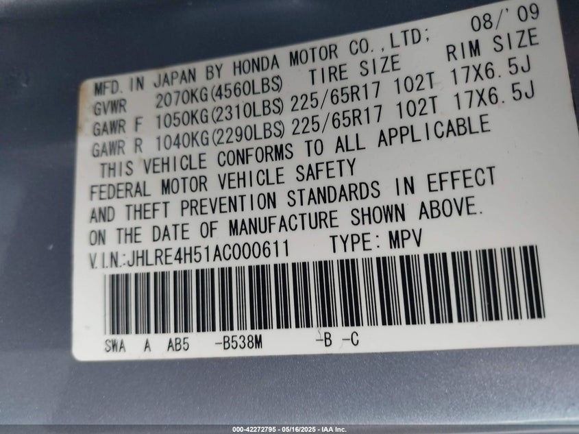 2010 HONDA CR-V VIN: JHLRE4H51AC000611