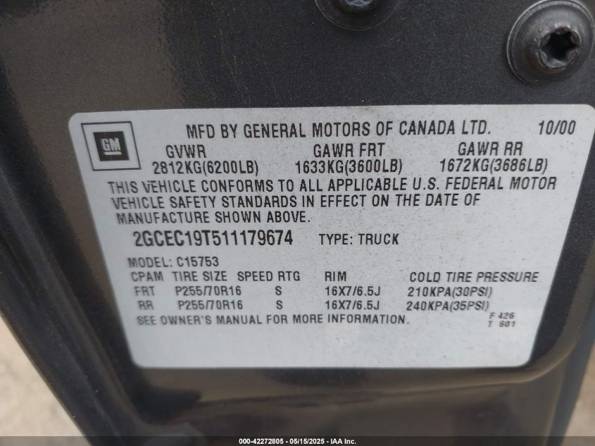 2001 Chevrolet Silverado 1500 Ls VIN: 2GCEC19T511179674 Lot: 42272805