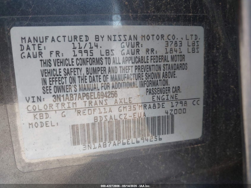 2014 NISSAN SENTRA VIN: 3N1AB7AP6EL694256
