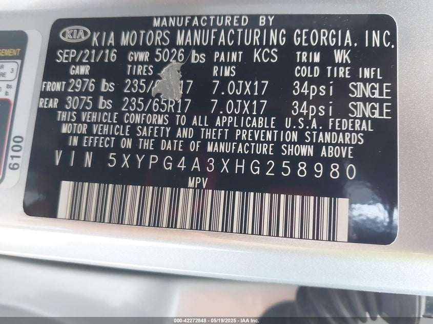 2017 KIA SORENTO VIN: 5XYPG4A3XHG258980