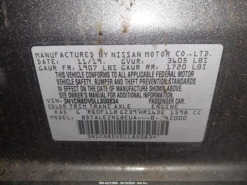 2020 NISSAN VERSA S XTRONIC CVT - 3N1CN8DV5LL850834