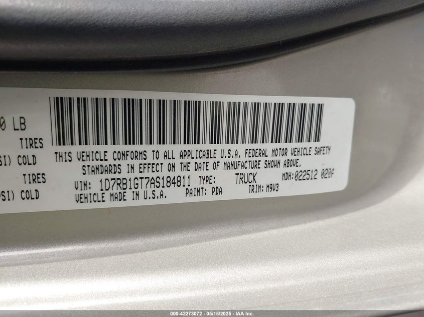 2010 DODGE RAM 1500 VIN: 1D7RB1GT7AS184811