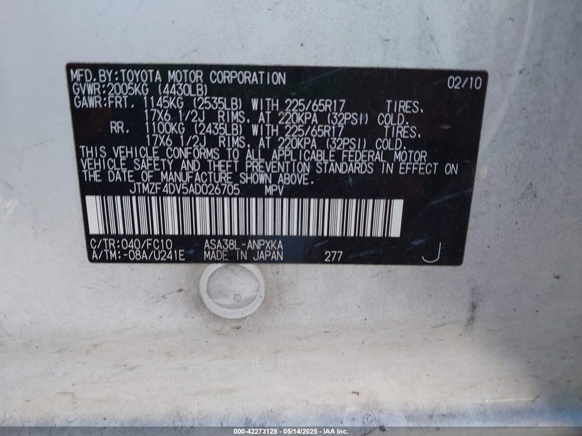 2010 TOYOTA RAV4 VIN: JTMZF4DV5AD026705