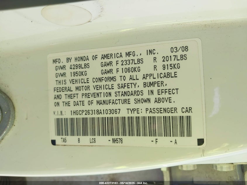 2008 HONDA ACCORD VIN: 1HGCP26318A103067