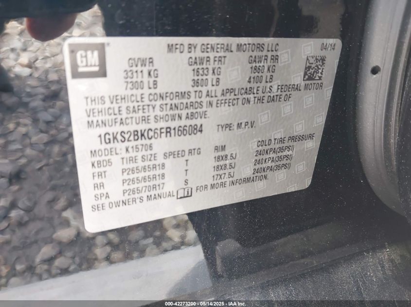 2015 GMC Yukon Slt VIN: 1GKS2BKC6FR166084 Lot: 42273200